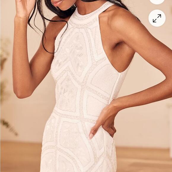 Lulus Tell Me Everything White Beaded Halter Formal Gown NWT Size Small - Picture 2 of 12